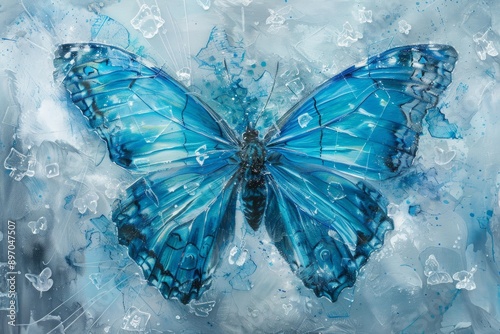 Big morpho butterfly spreading its blue wings on watercolor background, entomology illustration