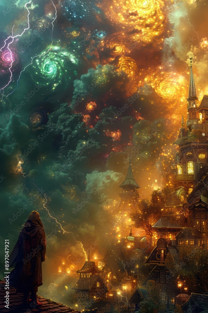 Fantasy Night Sky Over Mysterious Castle Town with Colorful Galaxy Fantasy Night Sky Over Mysterious Castle Town with Colorful Galaxy
