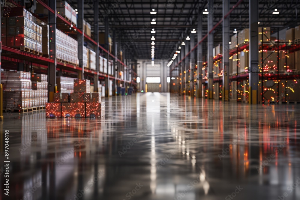 A futuristic warehouse with sleek, metallic floors and high ceilings, featuring rows of neatly stacked boxes illuminated with red lights. A futuristic warehouse with sleek, metallic floors and high ceilings, featuring rows of neatly stacked boxes illuminated with red lights.