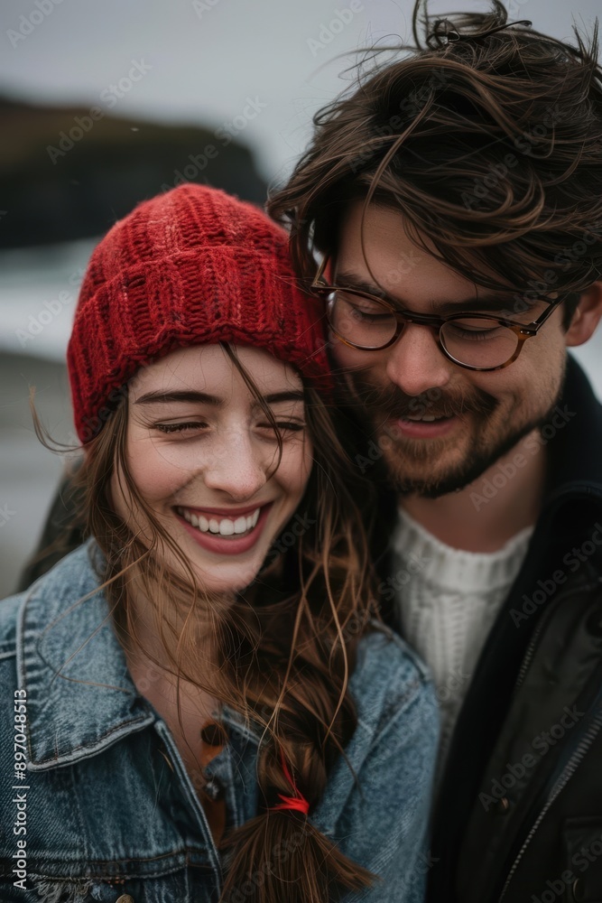 Young Couple Smiling Outdoors in Casual Winter Clothing Young Couple Smiling Outdoors in Casual Winter Clothing