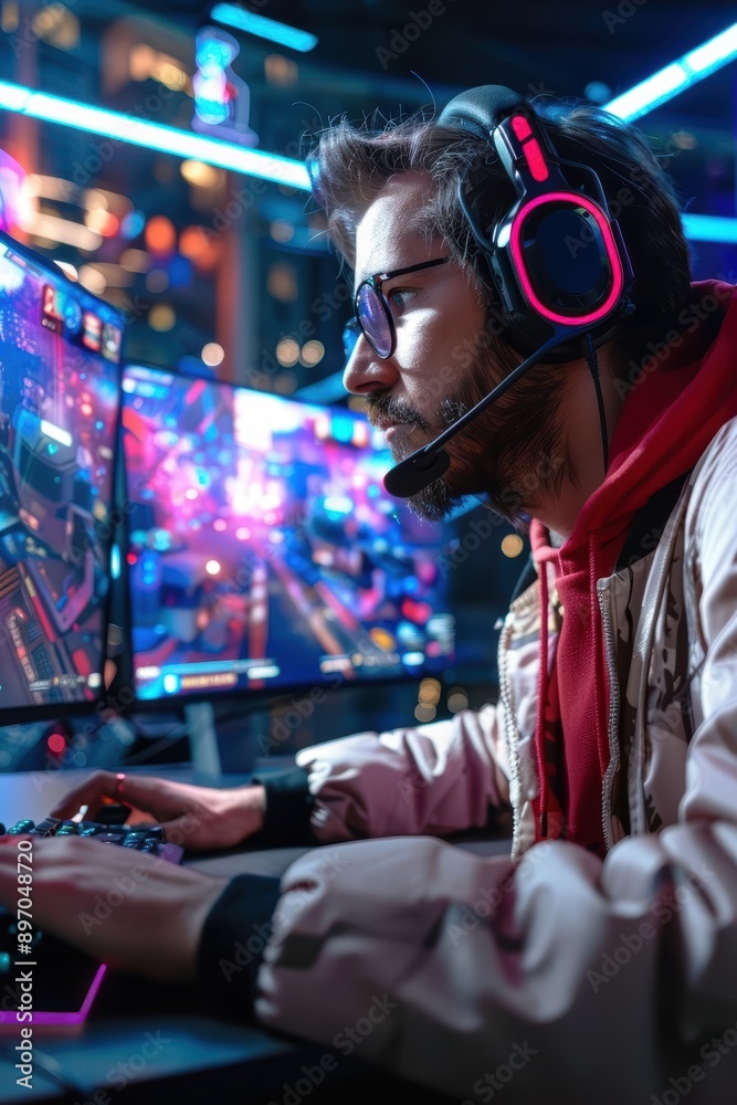 Young Gamer Focused on Intense Gaming Session with Vibrant Neon Lights Young Gamer Focused on Intense Gaming Session with Vibrant Neon Lights