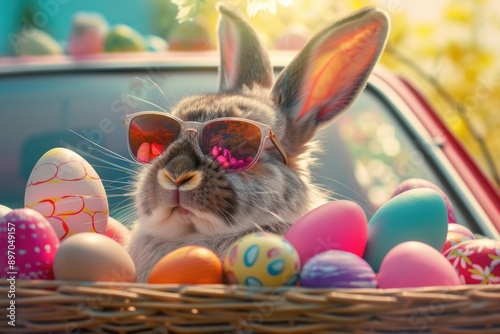 Easter Holiday Celebration: Cute Rabbit in Sunglasses Driving Car Full of Eggs