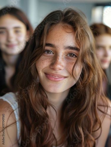 A young girl with distinctive freckles on her face, looking straight at the camera