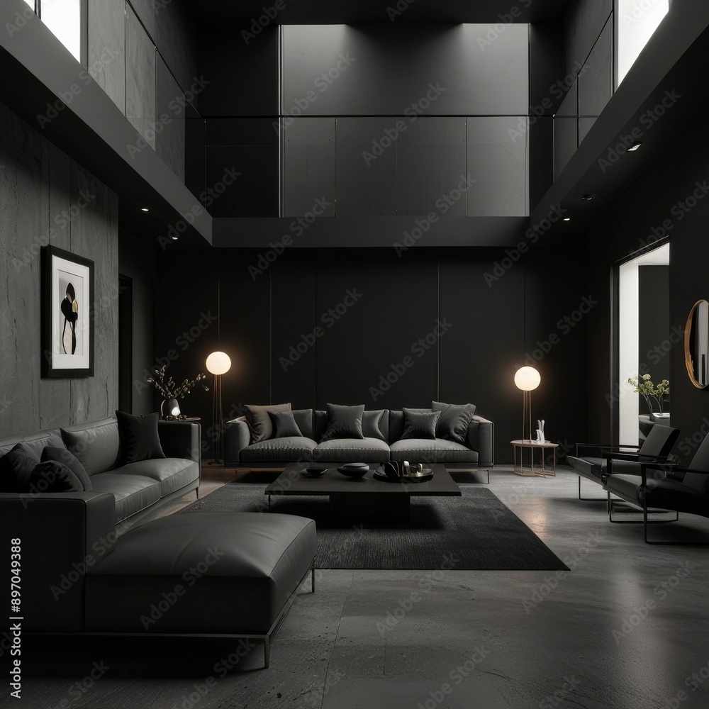 An ultramodern black living room with a minimalist design