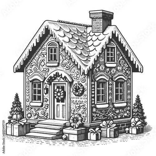 Christmas Gingerbread house with gifts sketch engraving generative ai fictional character vector illustration. Scratch board imitation. Black and white image.