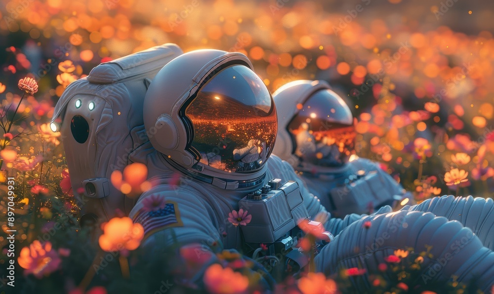 Astronauts in Blooming Field of Orange Flowers with Reflective Helmets