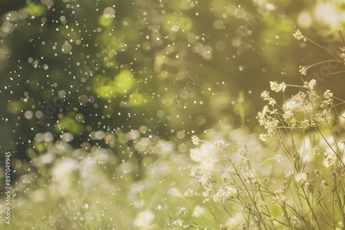 A picturesque meadow bathed in sunlight with floating pollen particles creating a bokeh effect photo