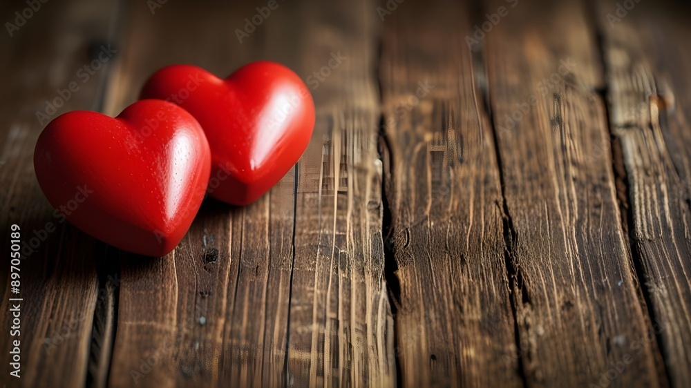 Two red hearts on wooden background Generative AI Two red hearts on wooden background Generative AI
