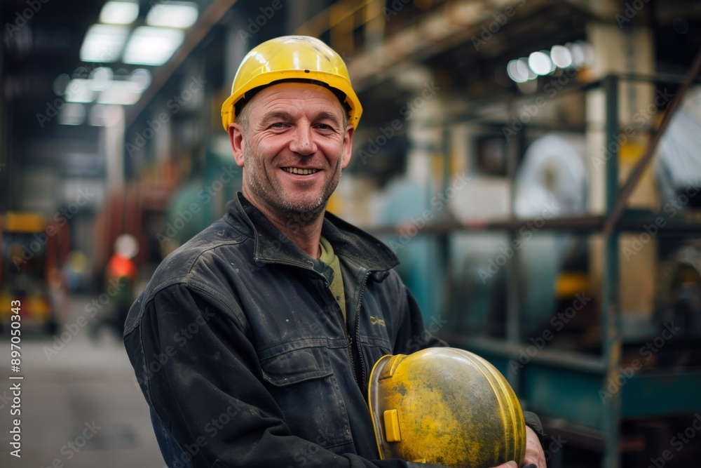 Confident and Proud Worker Holding Helmet in an Industrial Factory Setting Confident and Proud Worker Holding Helmet in an Industrial Factory Setting