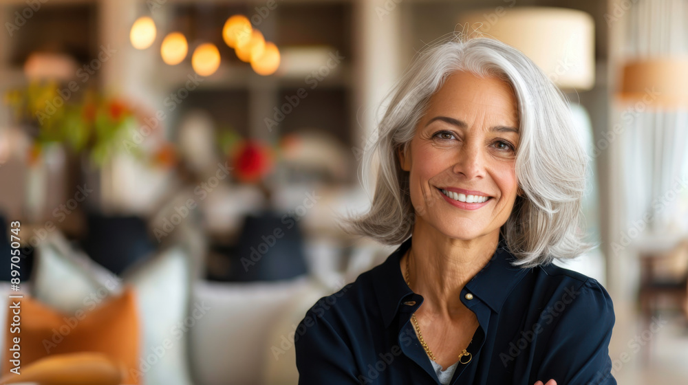 Smiling mature woman with silver hair in a cozy, well-lit modern interior environment, showcasing confidence and warmth Smiling mature woman with silver hair in a cozy, well-lit modern interior environment, showcasing confidence and warmth