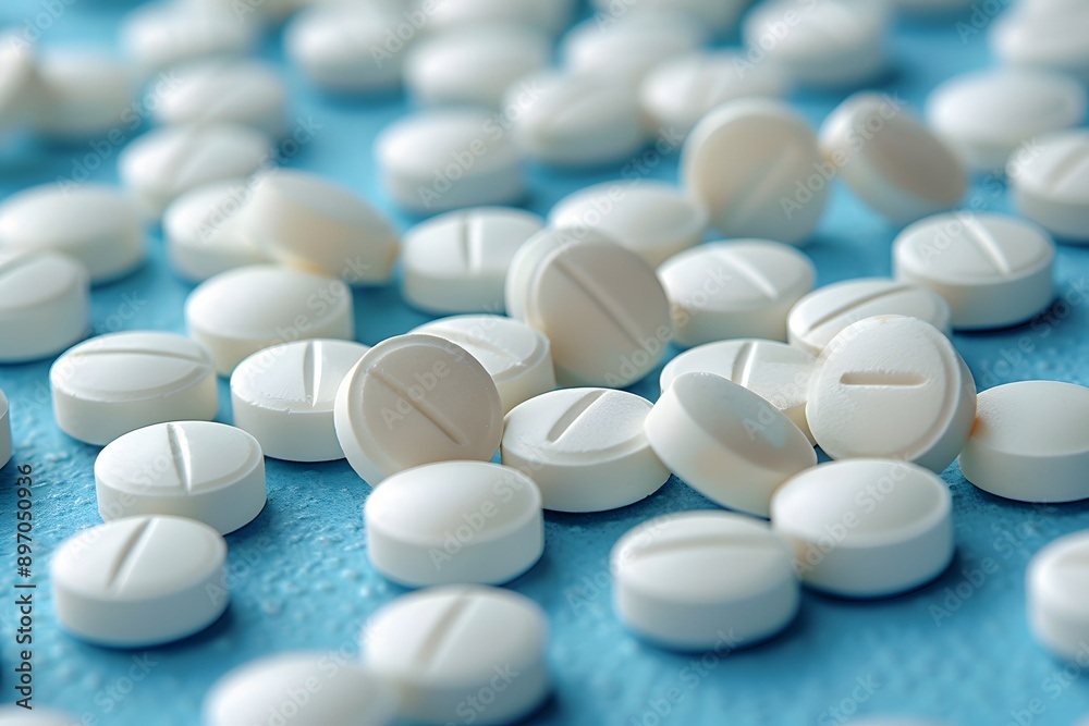 Medication Concept: White Round Pills on Blue Background for Healthcare and Pharmaceutical Use Medication Concept: White Round Pills on Blue Background for Healthcare and Pharmaceutical Use