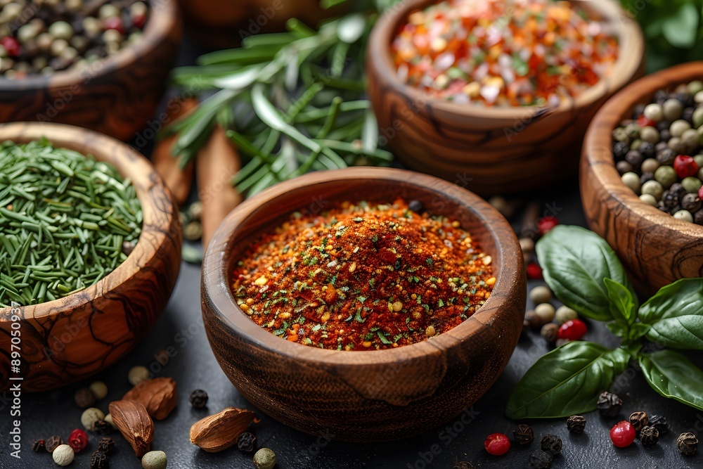 Assorted Spices and Fresh Herbs in Wooden Bowls - Aromatic Culinary Ingredients for Cooking and Food Photography Assorted Spices and Fresh Herbs in Wooden Bowls - Aromatic Culinary Ingredients for Cooking and Food Photography
