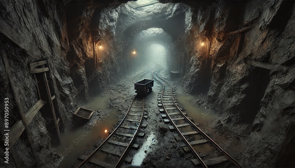 Naklejka premium Exploring the mysterious abandoned underground mine with rusty cart and wet tracks