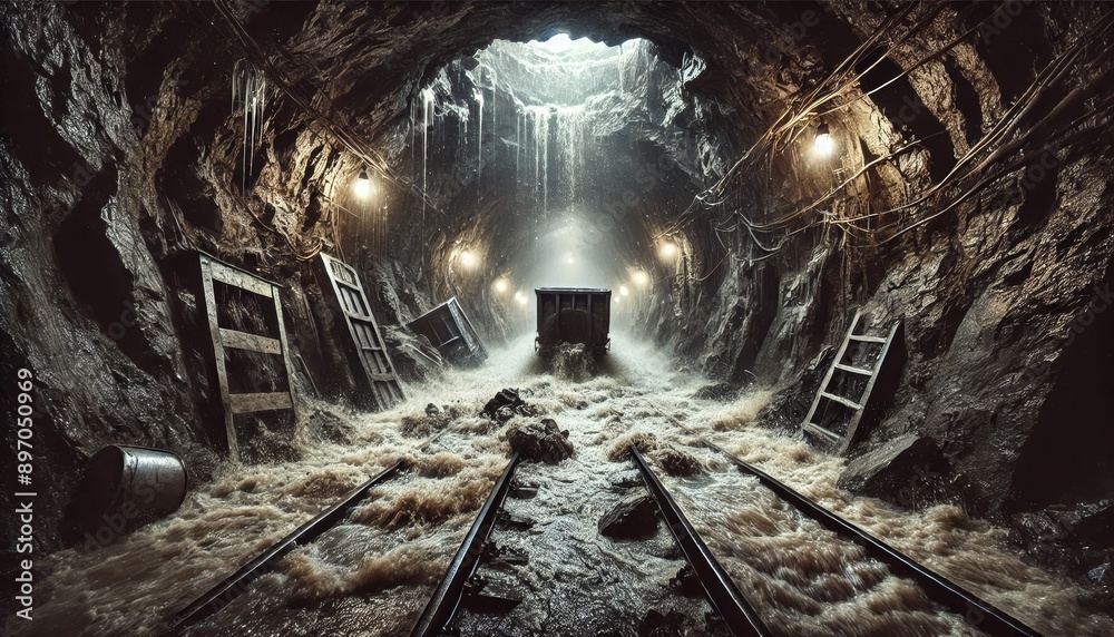 Naklejka premium Underground disaster, mine gets flooded and tunnels are full of water