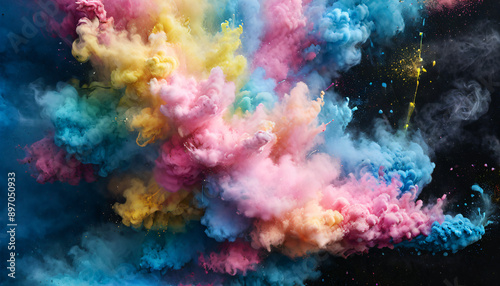 Creative Marketing Materials, Vibrant Explosion of Colorful Powder on Dark Background, Abstract, Color Burst, Vibrant, Explosion, Powder, Creative, Art, Dynamic, Festival, Energy, Visual Impact, Backg
