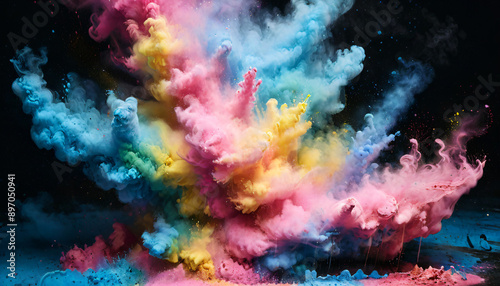 Creative Marketing Materials, Vibrant Explosion of Colorful Powder on Dark Background, Abstract, Color Burst, Vibrant, Explosion, Powder, Creative, Art, Dynamic, Festival, Energy, Visual Impact, Backg