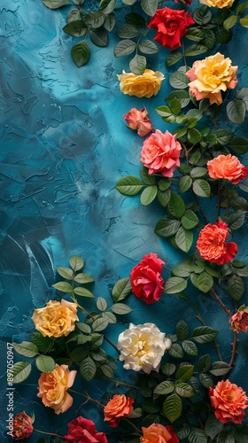 Roses in vibrant hues on colorful backdrop with copy space image photo