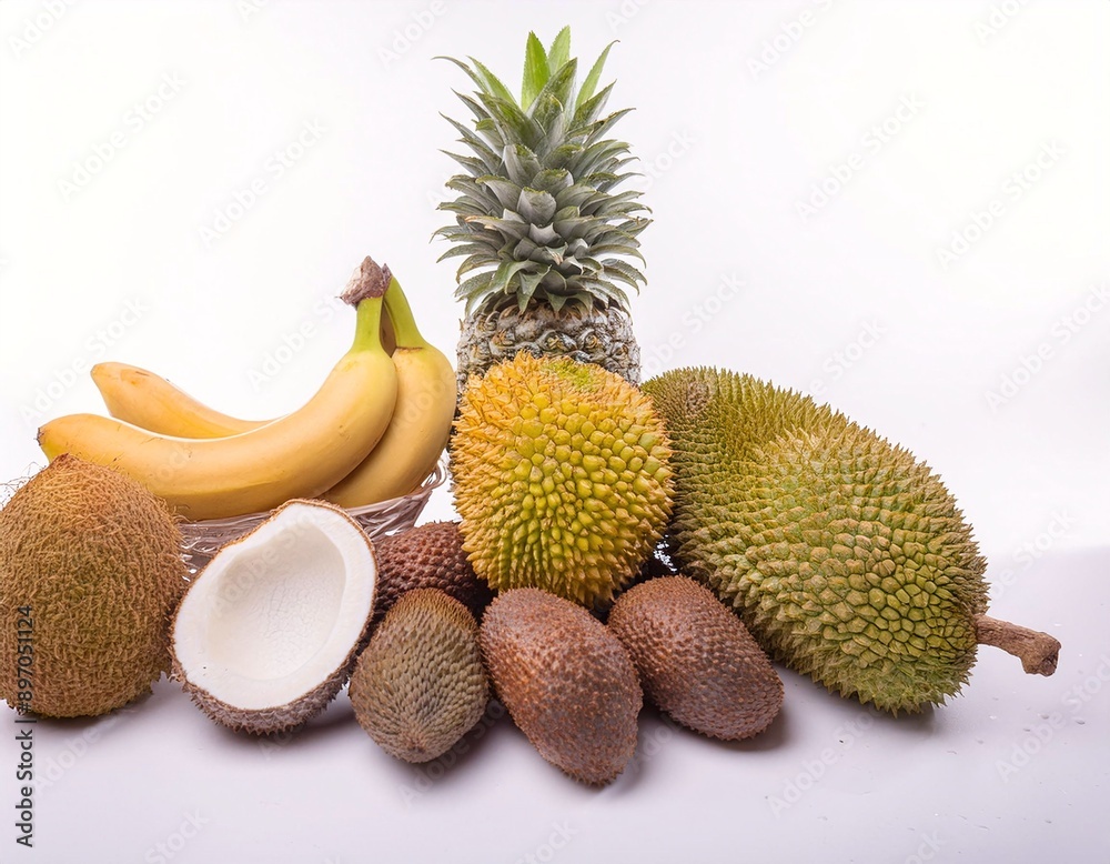 Fototapeta premium Jackfruit, Durian, Pineapple, Banana, Marukipo, Soursop, Grapes, and Mango Isolated on White Background
