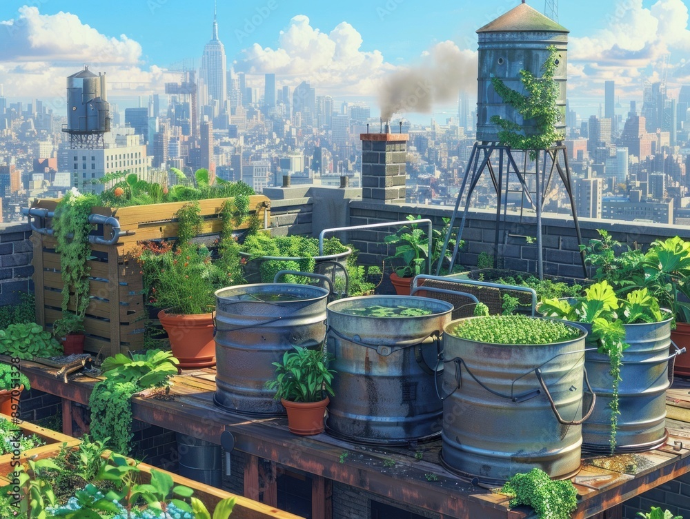 Urban Rooftop Garden with City Skyline View Urban Rooftop Garden with City Skyline View