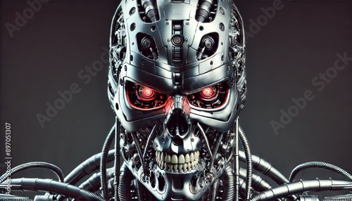 A Cyborg Terminator Head featuring Glowing Red Eyes and intricate Metallic Details