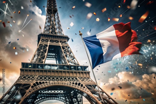 July 14 is the National Day of France. The national flag of France on the background of the Eiffel Tower. Tricolor. The concept of the Olympic Games in France 2024 photo