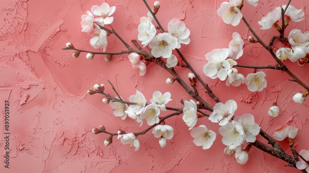 Obraz premium Blooming Cherry Branch on Pink Background