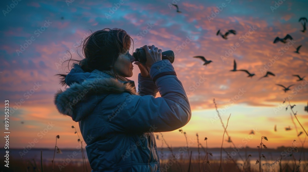 Obraz premium A Hispanic woman in her forties birdwatching at dawn, her binoculars trained on distant seabirds. 