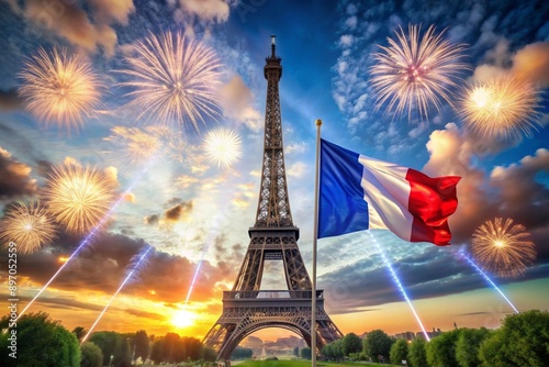 July 14 is the National Day of France. The national flag of France on the background of the Eiffel Tower. Tricolor. The concept of the Olympic Games in France 2024 photo