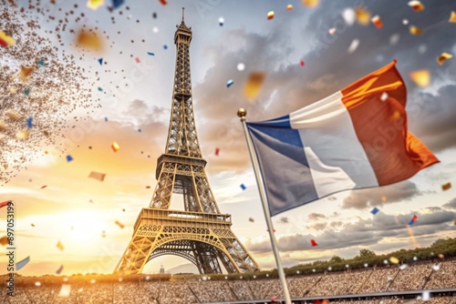 July 14 is the National Day of France. The national flag of France on the background of the Eiffel Tower. Tricolor. The concept of the Olympic Games in France 2024 photo