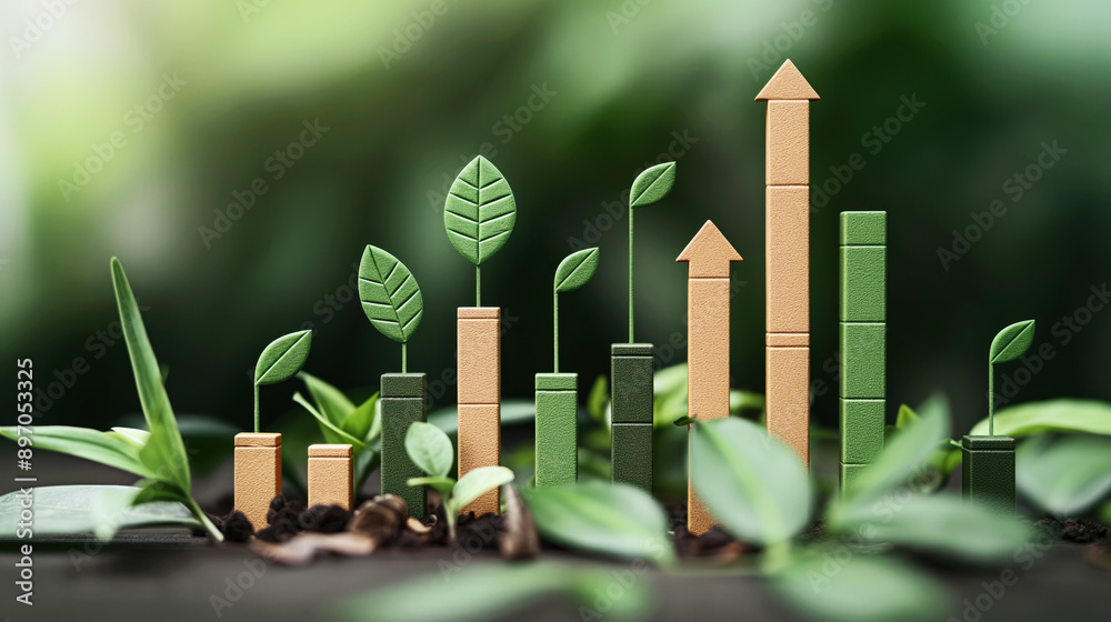 Bar chart with leafy plants growing from bars, symbolizing ecological growth and sustainability. Bar chart with leafy plants growing from bars, symbolizing ecological growth and sustainability.