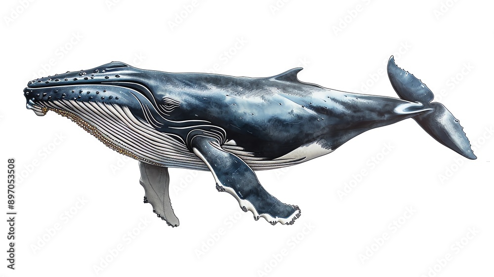 Fototapeta premium Enchanting of a majestic whale with delicate, flowing fins, isolated on white, radiating peace and oceanic wonder for nursery walls