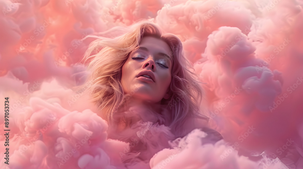 A woman with platinum blonde hair immersed in a dreamscape of soft pink clouds, creating a serene and ethereal atmosphere. A woman with platinum blonde hair immersed in a dreamscape of soft pink clouds, creating a serene and ethereal atmosphere.