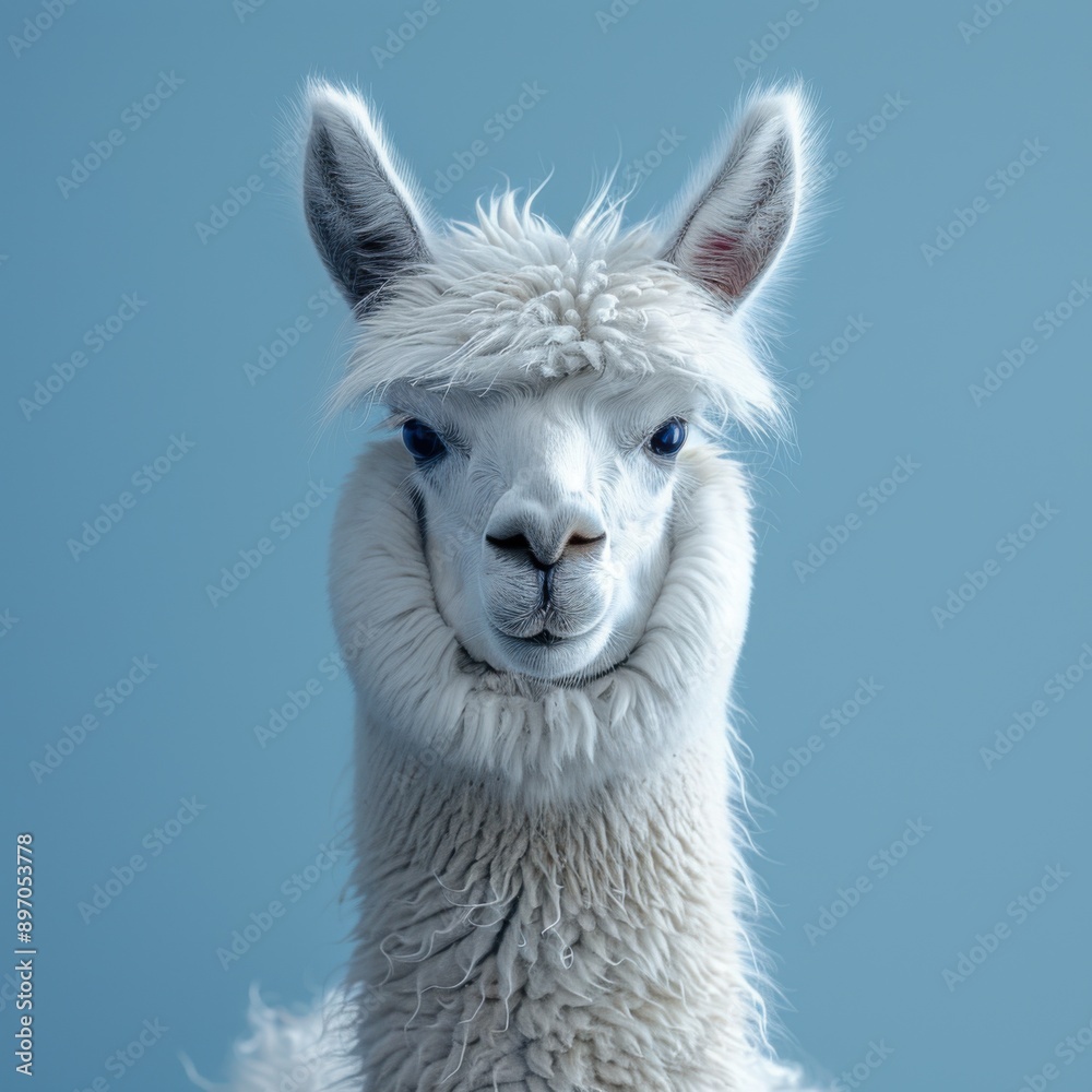 Obraz premium White llama with a fluffy coat on its head, Animal background