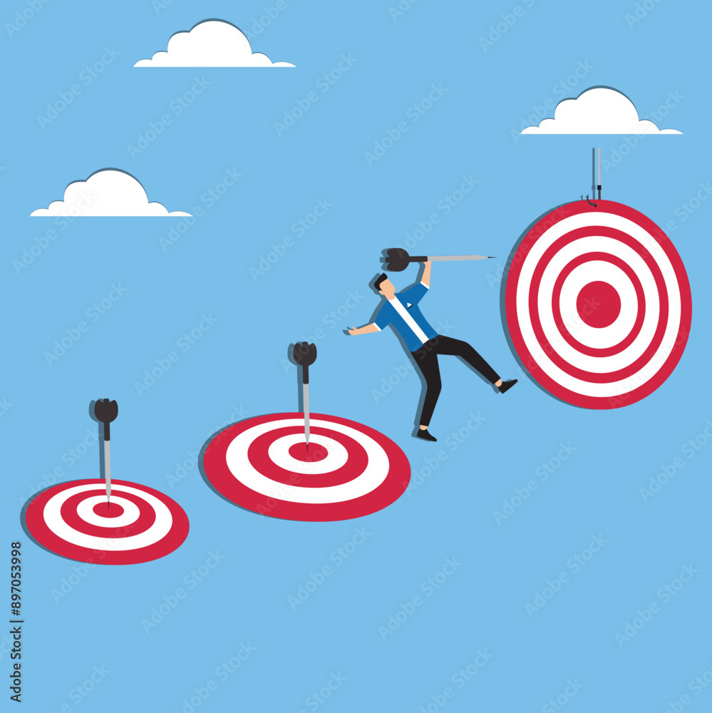 Achieve business target by completing work, goals accomplished concept, task management to achieve career success, businessman jumping while carrying darts to stick into the dartboard to achieve goals Achieve business target by completing work, goals accomplished concept, task management to achieve career success, businessman jumping while carrying darts to stick into the dartboard to achieve goals