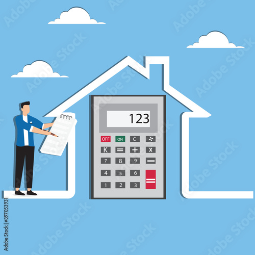 House mortgage cost calculation, budget assumptions on real estate investment, businessman holding pencil with calculator home concept vector