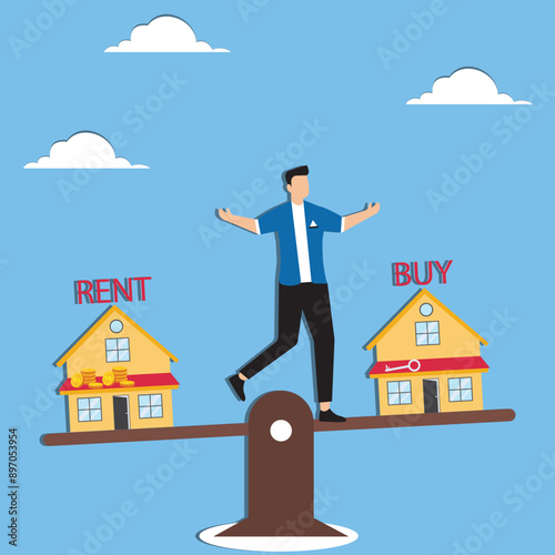 House buy or rent, making decision for owning property and real estate, businessman standing on seesaw confuse to choose to buy or rent a house home apartment concept