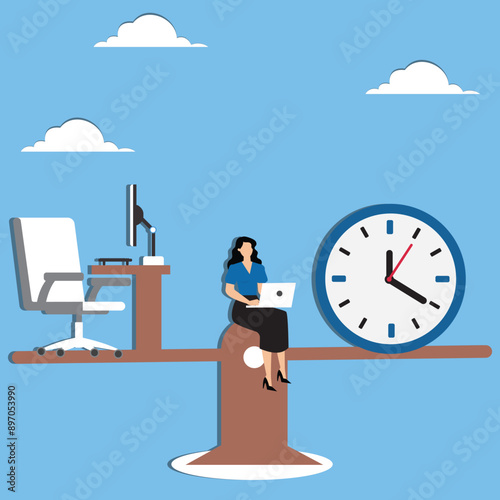 Work life balance, flexible working hours, time management for work, businesswoman working on desk with seesaw and clock balance concept