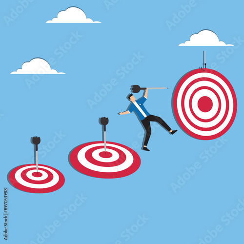 Achieve business target by completing work, goals accomplished concept, task management to achieve career success, businessman jumping while carrying darts to stick into the dartboard to achieve goals