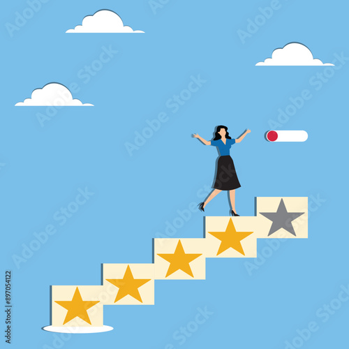 Motivation for self-development with Businesswoman running on 5-star rating loading panel concept illustration, skill enhancement to boost productivity, upskilling and personal competency concept