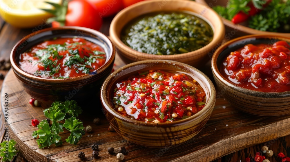 Spicy Sauces and Dips on Wooden Board