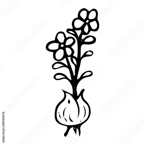 Bulbous flower seedling hand drawn in doodle style. Growing flowers. Hobby gardening. Vector line art illustration.