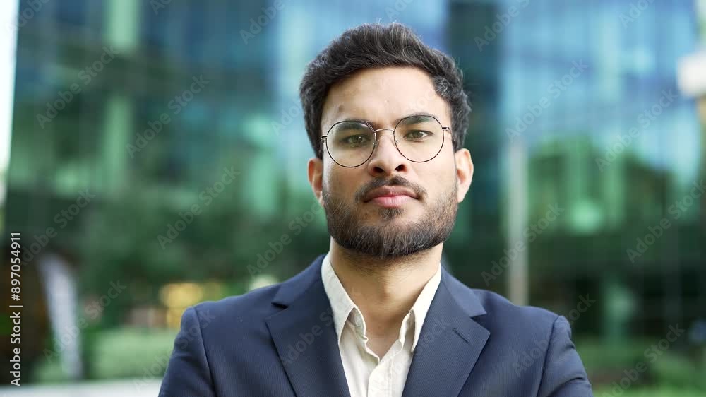 Portrait of a confident businessman in suit standing on the street near a business office building. Serious male entrepreneur in glasses posing looking at camera. Head shot of the manager. Close up Portrait of a confident businessman in suit standing on the street near a business office building. Serious male entrepreneur in glasses posing looking at camera. Head shot of the manager. Close up