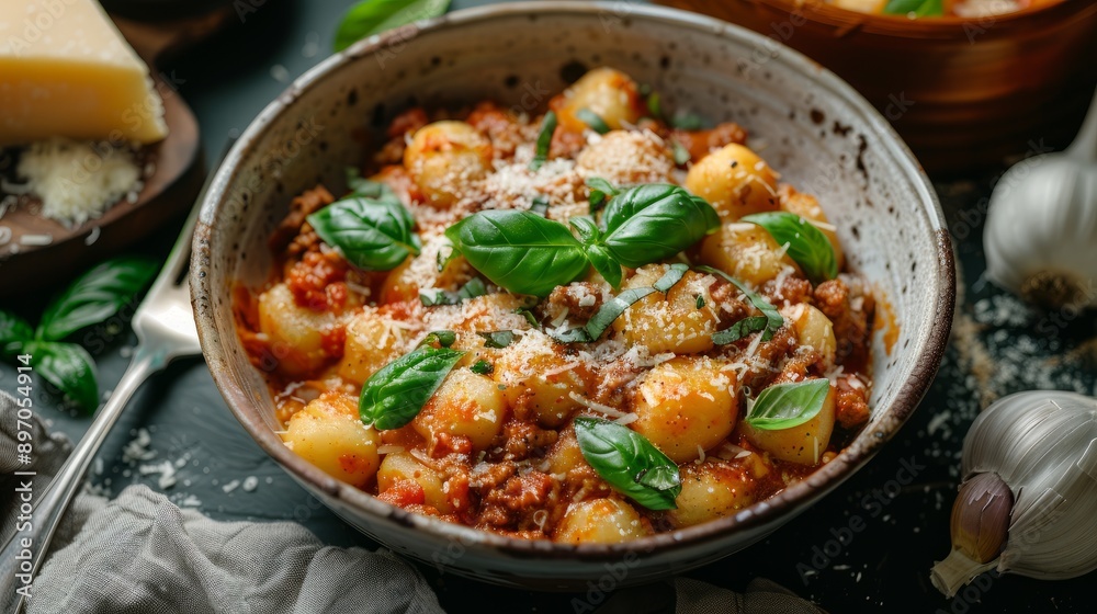 Overhead View of Potato Gnocchi With Meat Sauce Overhead View of Potato Gnocchi With Meat Sauce