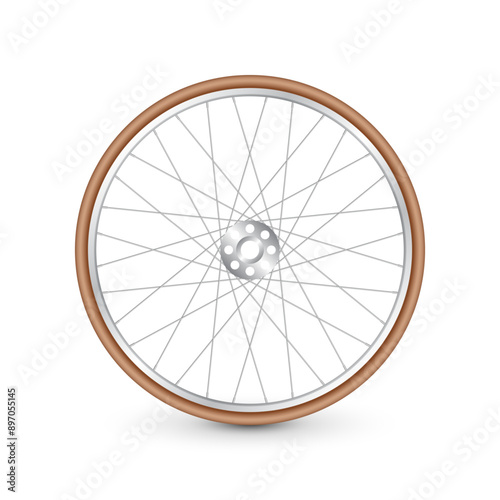 Realistic 3d retro bicycle wheel. Bike rubber tire, shiny metal spokes and rim. Fitness cycle, touring, sport, road and mountain bike. Vector illustration