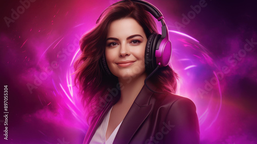 Vibrant image of a young woman with pink headphones in a futuristic setting with neon lights and dreamy atmosphere.