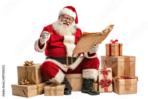 Santa Claus Studying Old Document, Isolated on White Background