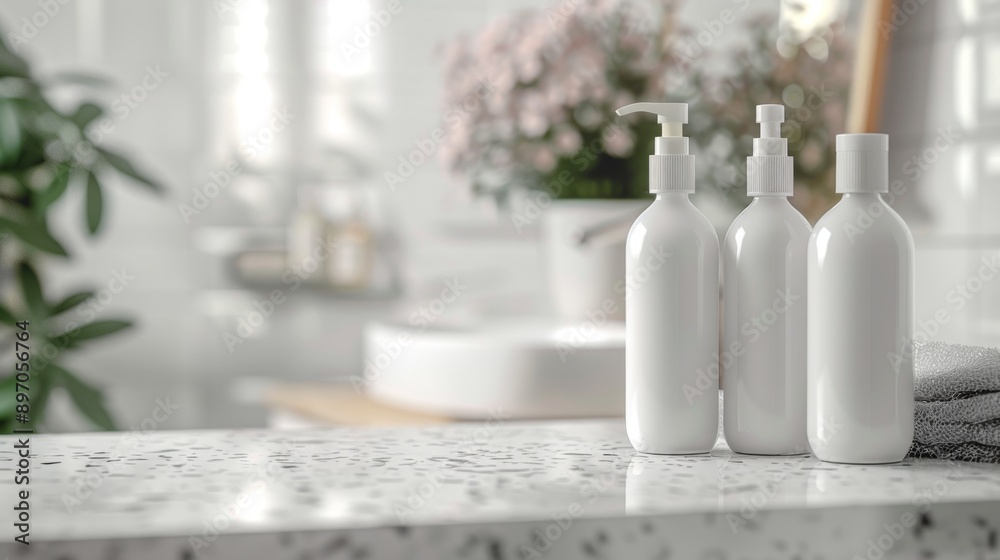 Three White Pump Bottles on a Countertop with a Blurred Background Three White Pump Bottles on a Countertop with a Blurred Background