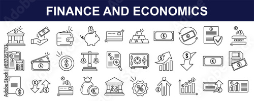 Finance and Economics Line Vector Icon Collection. A set of outline icons related to money, payment, currency, bank, wallet, piggy, business, exchange and more. Editable stroke. Vector illustration