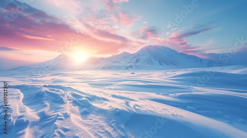 Snowy Mountain Range at Sunset with Pink Sky