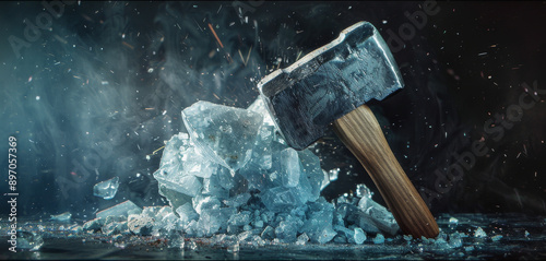 photo of a hammer smashed into two pieces, flatcolour background photo